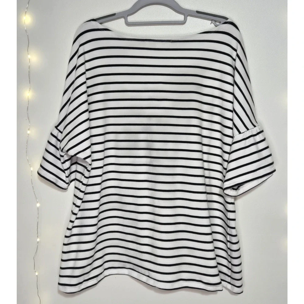 FEVER Women's Striped 3/4 Flared Sleeve Knit Top 2X Navy Blue White Floral Boho - Picture 3 of 13